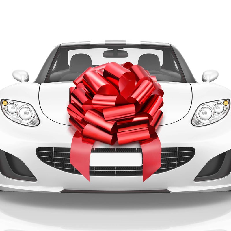 Mata1-USA - Huge Car Bow - Shiny Red, 18 Inch - Big Gift Wrapping Bow for Large Gift Decoration - Giant Size for Indoor & Outdoor Use - 20 Loops & 4 Stickers - No Magnets That Scratch - Image 1